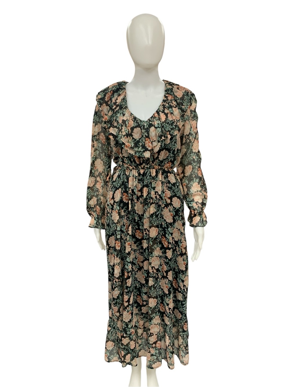 Mango Long Sleeve Floral Midi Dress in Dark Green and Peach